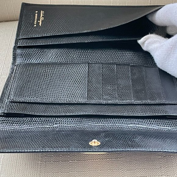 Salvatore Ferragamo Women Long Wallet Crocodile Leather Trifold Kisslock Italy - Picture 10 of 12